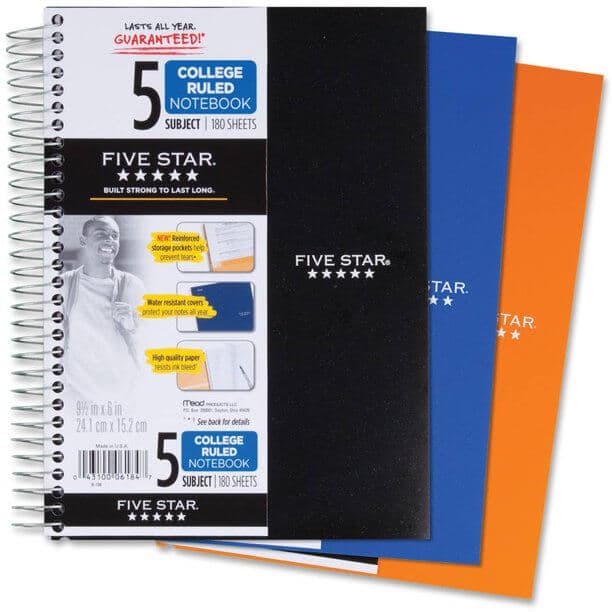 Mead Five Star 5-Subject-Ruled Notebook, Assorted Colors